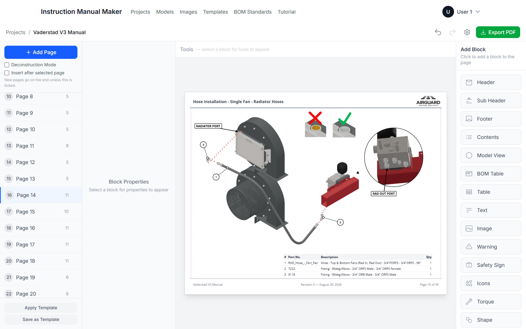 The page editor: a hose installation page with an exploded fan assembly, numbered balloons, port callouts, a detail circle and a bill of materials