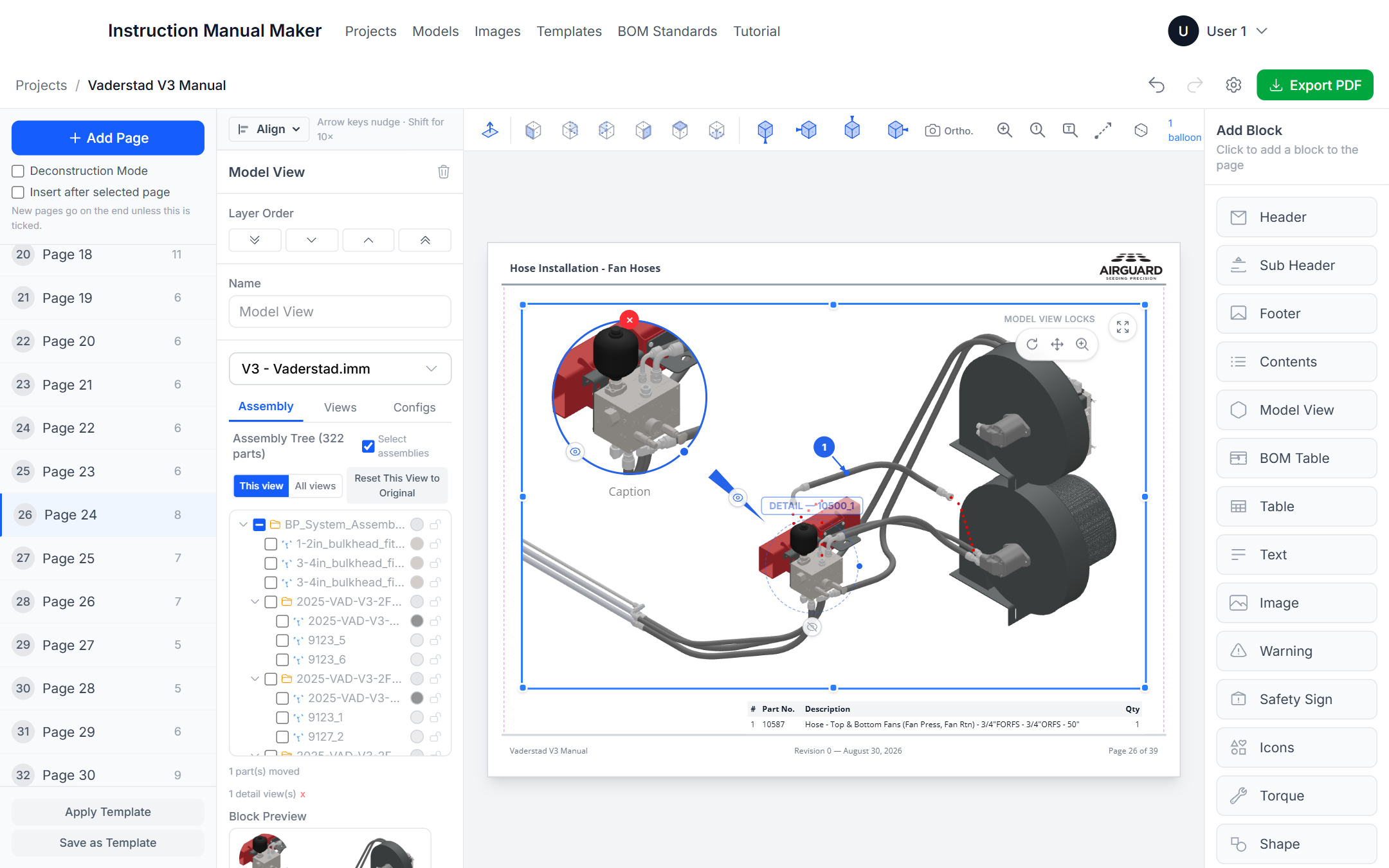 A model view selected in the editor: the view toolbar, the assembly tree, and the 3D fan assembly with a balloon and a detail view
