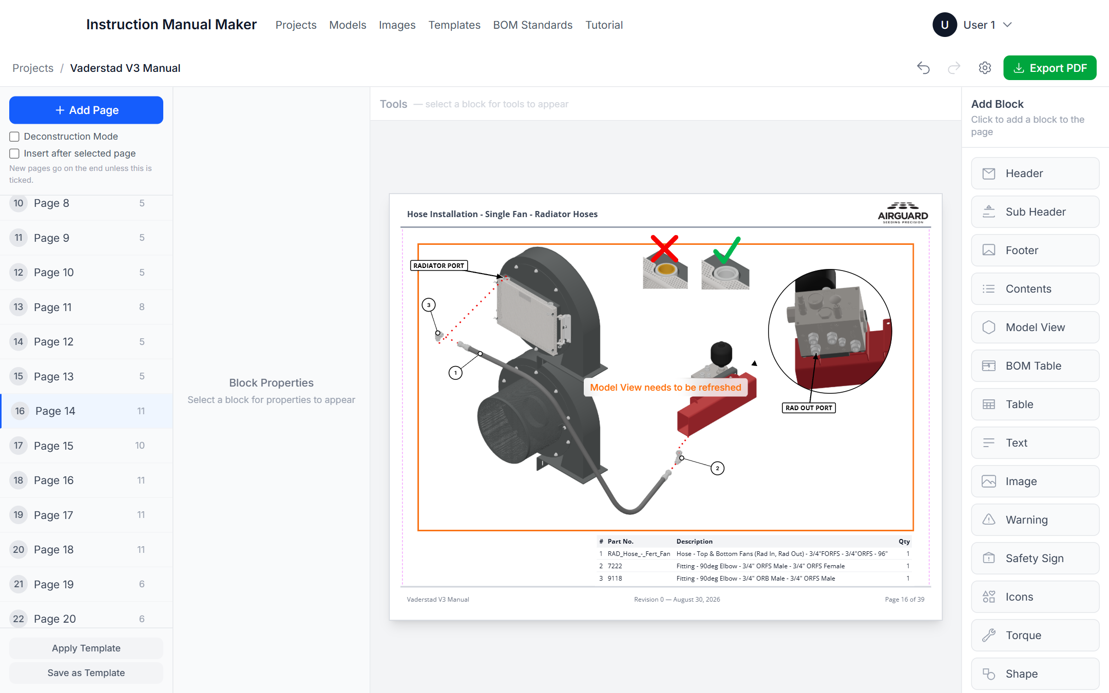 A page after the model was re-imported: the model view outlined in orange and labelled Model View needs to be refreshed